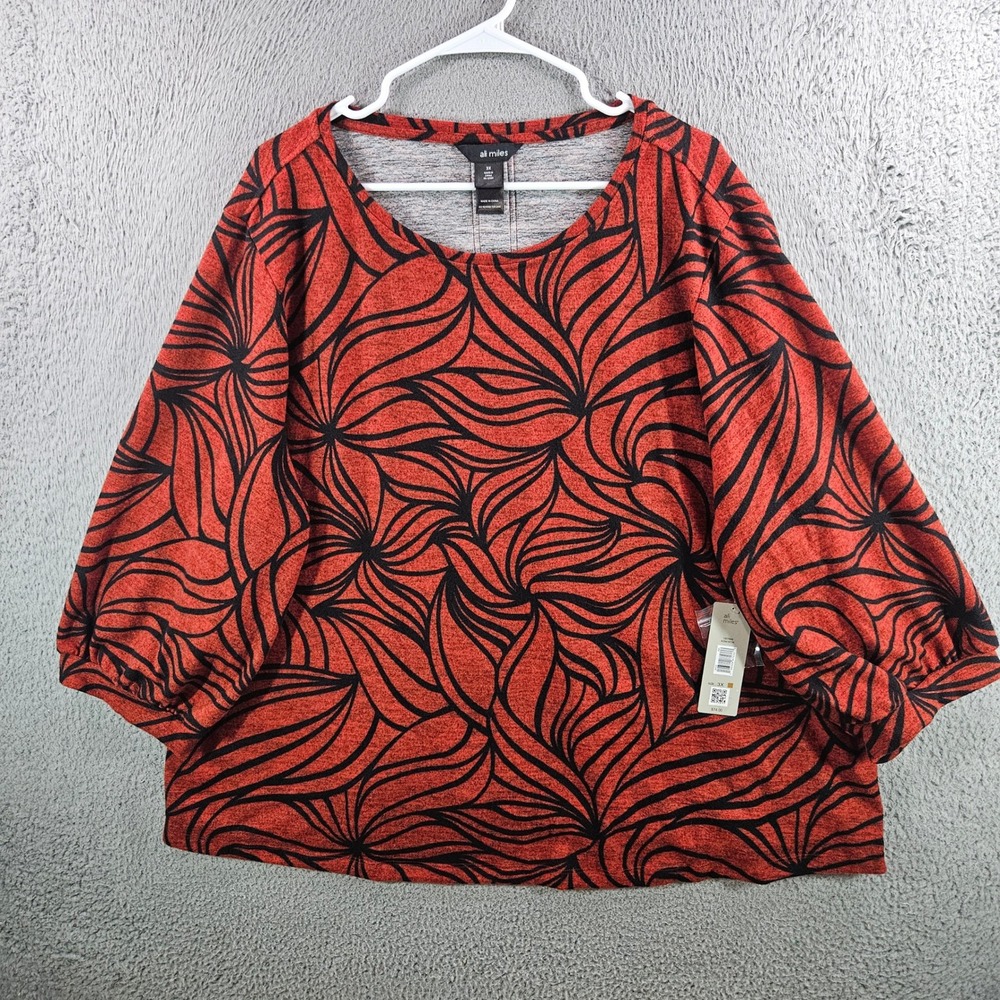 Ali Miles Womens 3X Red Black Abstract Swirl Print Balloon Sleeve Knit Top NWT